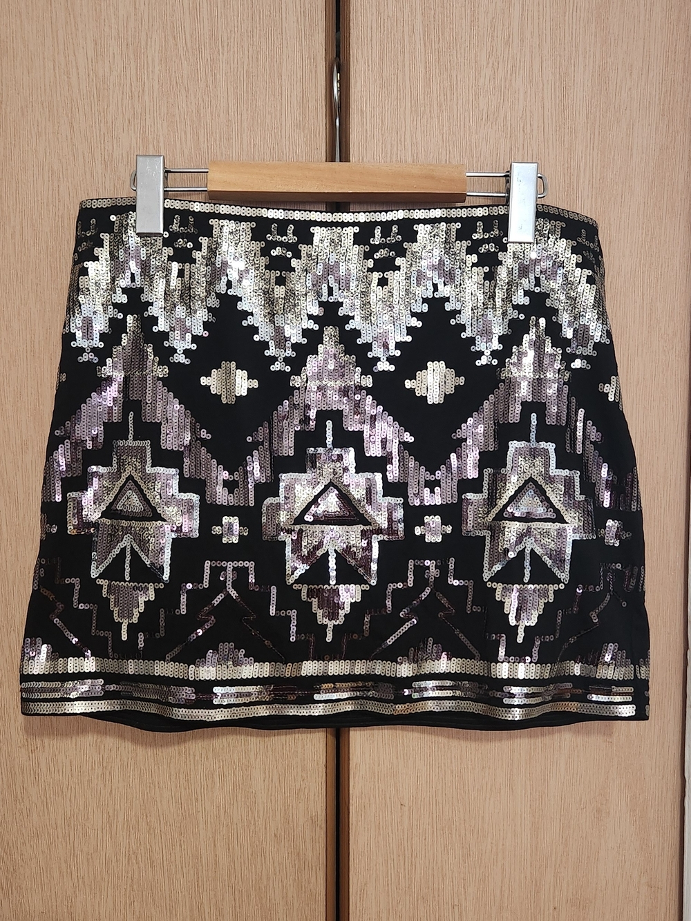 Express Black Sequin Mini Skirt with Silver & Lavender Accents